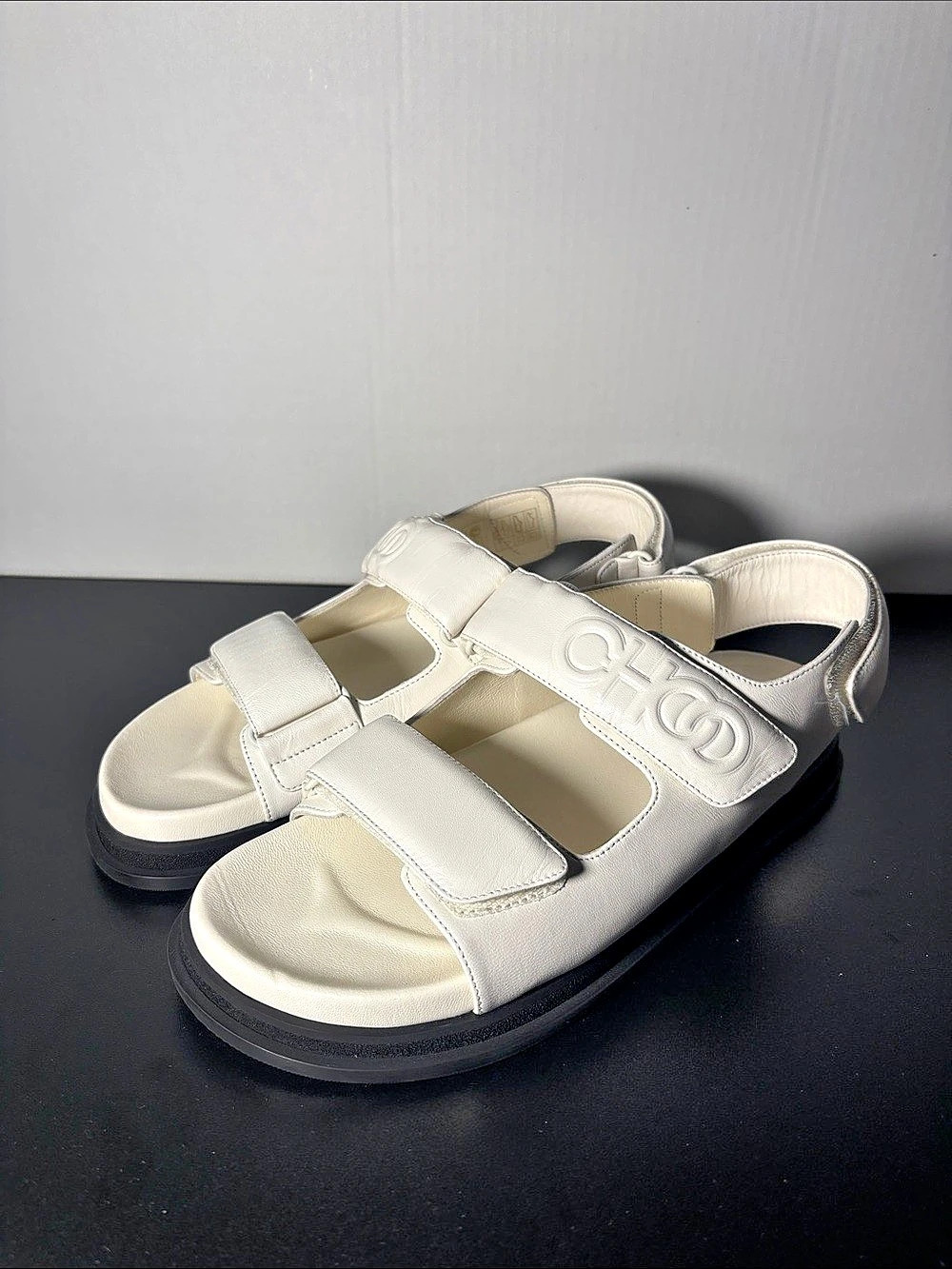 Jimmy Choo White Lug Sandal Flat with Velcro Straps Size 40.5 EU